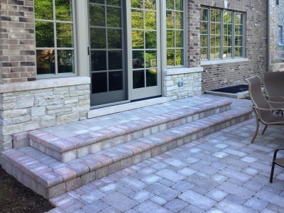 Unilock Brussell Block Paver Patio and Steps with Fullnose Edging   New Construction in Northbrook Paver Patio Walkway Steps patio