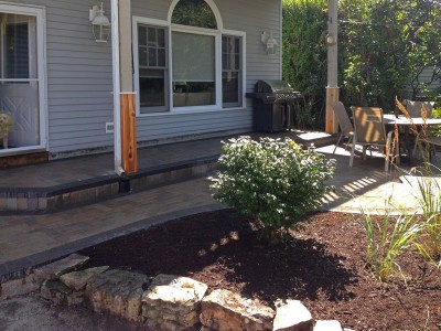 Unilock Hollandstone with Burning Bush and Ornamental Grasses    Paver Patio and Stoop in Arlington Heights Unilock Hollandstone Paver Patio Stoop