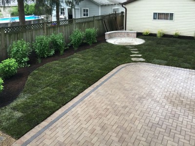 Brick paver patio flagstone patio new landscaping and sod 
